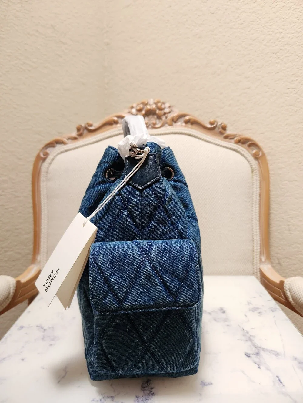 Tory Burch Charlie Quilted Denim Drawstring Shoulder Bag